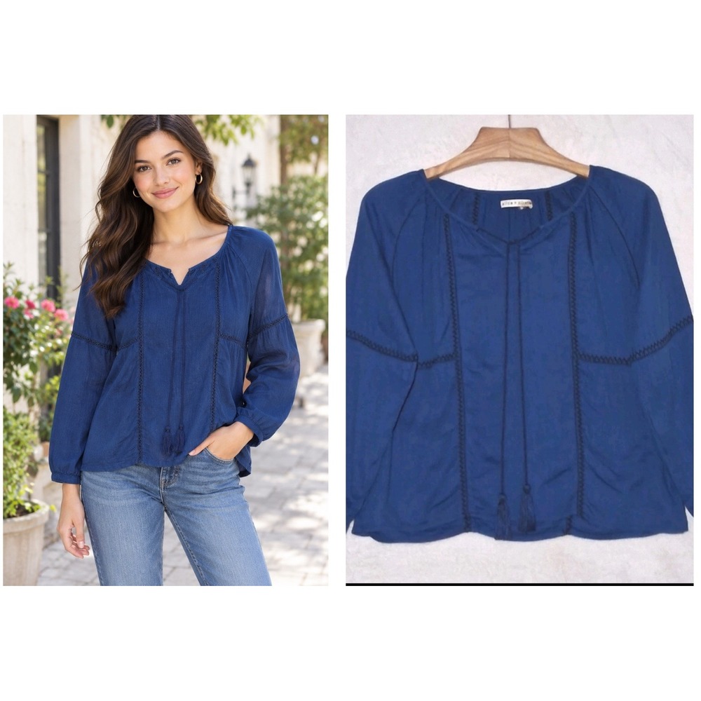 Alice + Olivia Womens Top Blue Panel Embroidery Tassels Peasant Boho Coastal XS